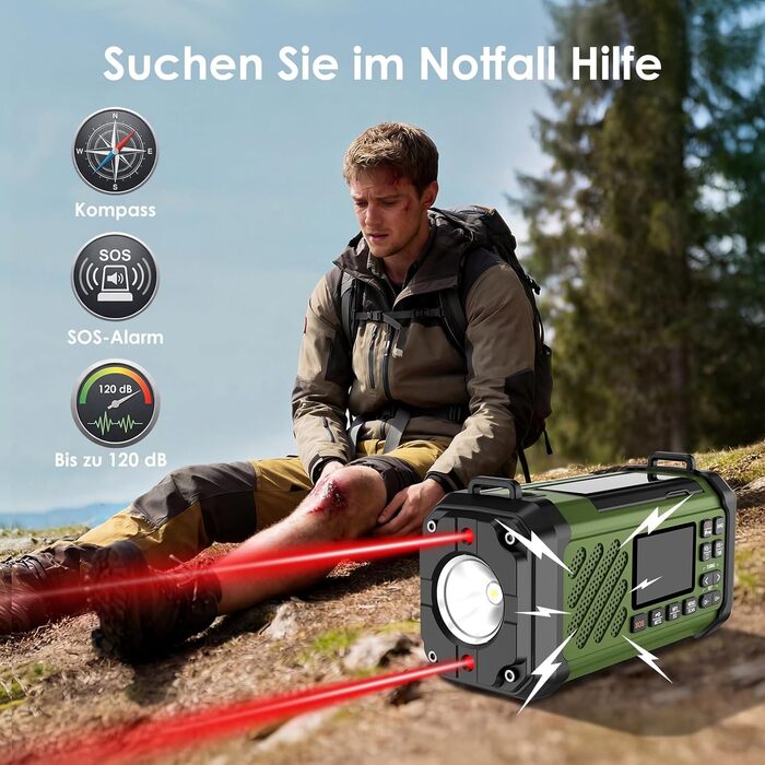 Радіо на механічній ручці Vikeri 12000mAh з сонячною панеллю, AM/FM/SW, LED ліхтарик, SOS сигнал, компас, USB-C зарядка для телефону, портативне радіо для надзвичайних ситуацій (Зелений)