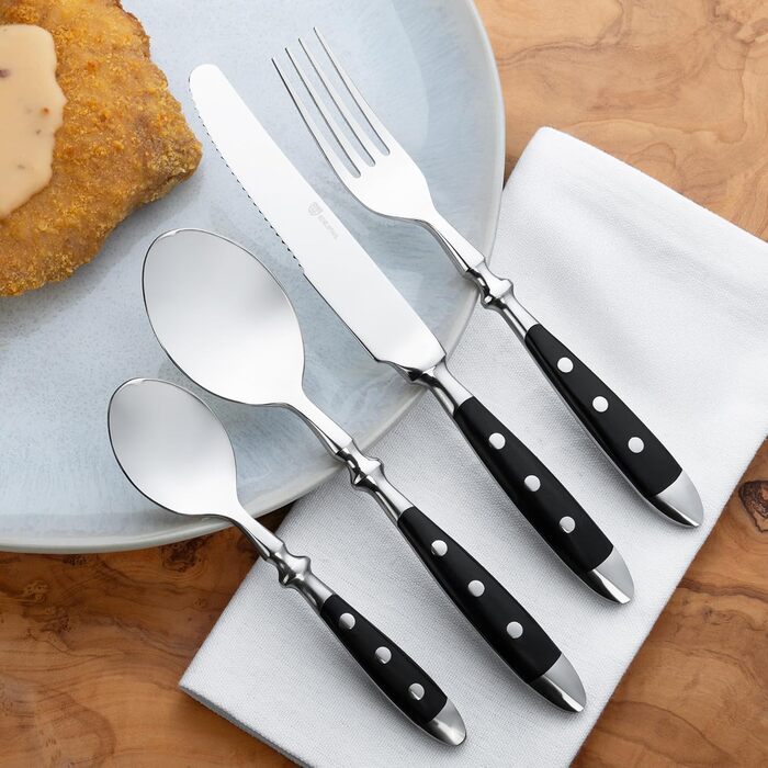 GRÄWE Stainless Steel Cutlery Set for 6 People, Heavy, Rustic, Flatware Set 24-Piece, Forged Cutlery with Black Handles - Nuremberg Series