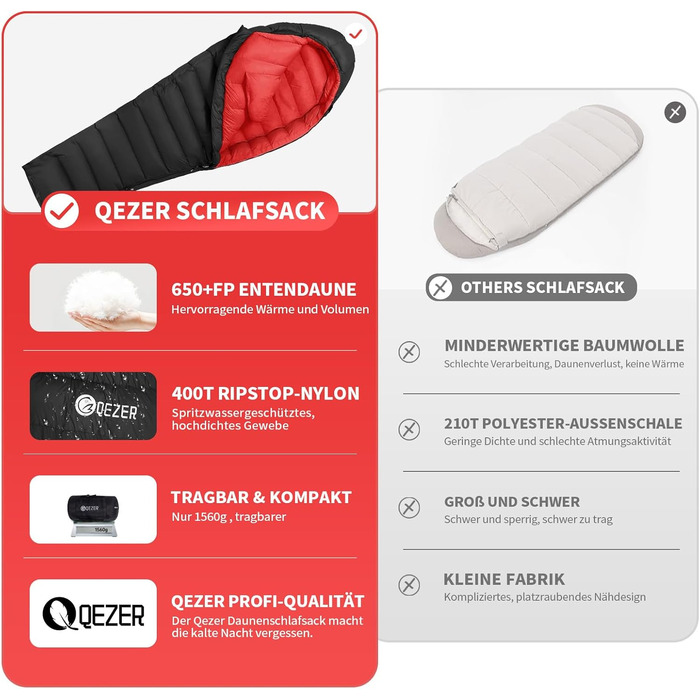 Пуховий спальний мішок для дорослих та дітей, легкий зимовий спальник Outdoor 8°C ~ -30°C для кемпінгу та альпінізму з 650 FP гусячим пухом, чорний, 1000g