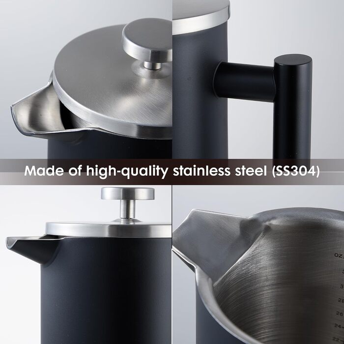 Набір для приготування кави френч-прес: термоізольований, з молочний пінозбивач, з нержавіючої сталі (матова чорна), 1 літр