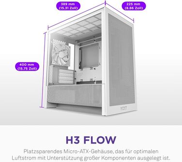 NZXT H3 – Корпус для ПК Micro-ATX з оптимізованим повітряним потоком, 120мм вентилятор, підтримка Full-Size GPU, радіатори 280мм/240мм (білий, Flow)