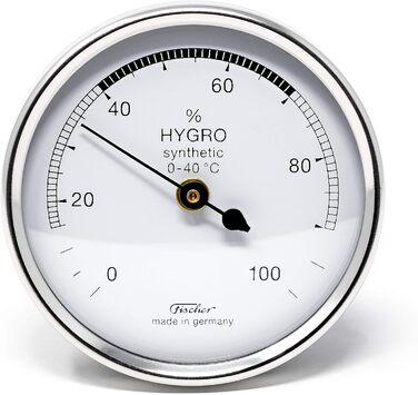 Fischer 150CR - Synthetic Hygrometer - 68mm Humidity Meter with chrome-colored plastic housing. Made in Germany