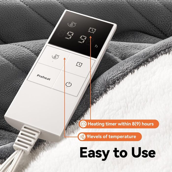 Електрична ковдра з підігрівом, 9 зон, таймер 1-9 годин, функція пам'яті, швидкий нагрів, фланель/шкіряна підкладка, 160x120 см, для 1 особи/дивану
