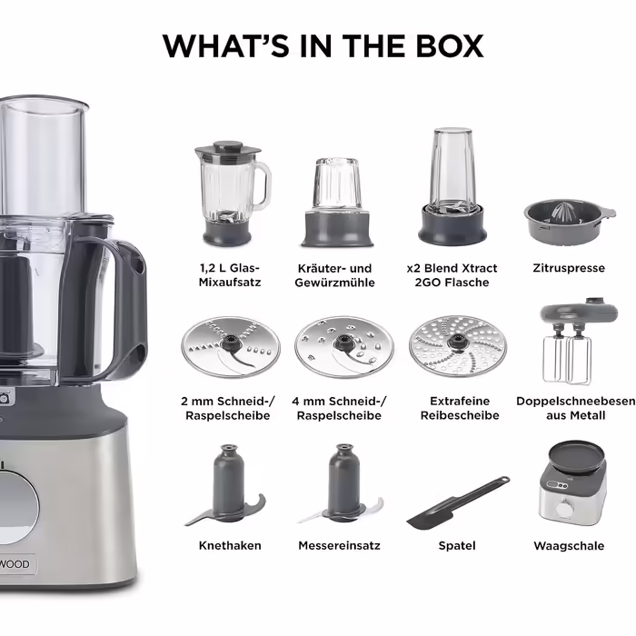 Kenwood MultiPro Compact+ FDM316SS – Compact food processor, 2.1 Liter capacity, includes stainless steel blade, 3 work discs and 8 additional accessories, integrated scale, metal housing, 800 W, Silver