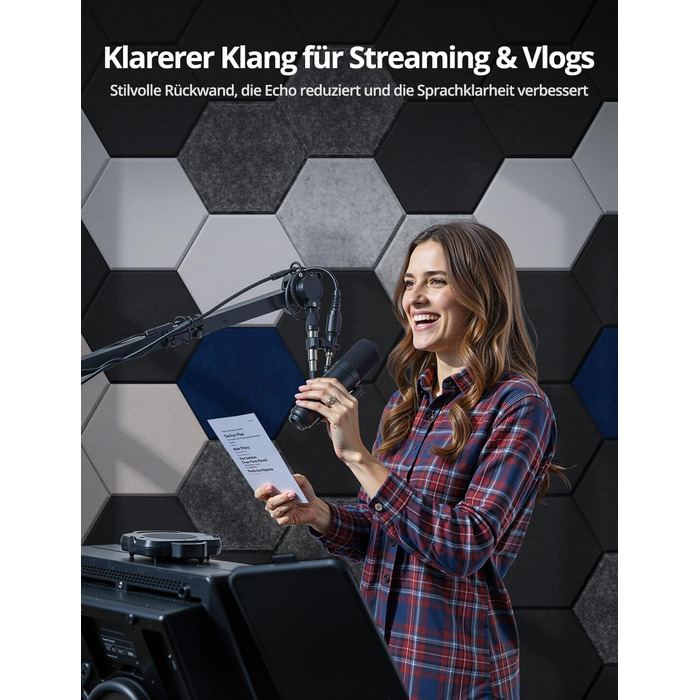 Акустичні гексагональні панелі самоклеючі, 12 шт. Поглинач звуку для студії, вітальні, геймерської зони та офісу, чорні, 30 x 26 x 0,9 см