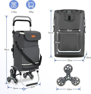 Тролей для покупок Sekey XXL з підйомником для сходин, 3-колісний вагончик для кемпінгу та покупок, регульована ручка, алюміній 3-в-1, з відділенням для охолодження та напоїв (сірий)