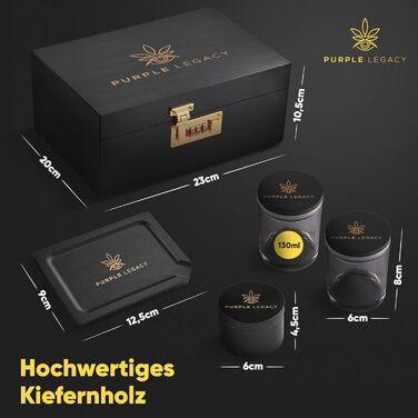 Stash Box: Lockable pine wood box with number lock | Rolling Tray Set and 2x Stash Jar | Grinder Set | Lockable Roll Box