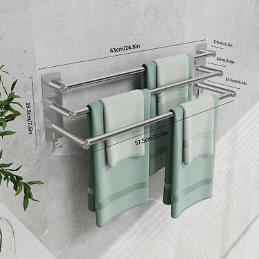 Тримач для рушників на стіну без свердління, SUS304 нержавіюча сталь, 3 стійки, 2 гачки, 60 см, сріблястий