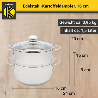 Каструля-пароварка для картоплі Krüger з нержавіючої сталі з кришкою, біо-пароварка з зручним краєм для виливання та енергозберігаючим капсульним дном, 16 см