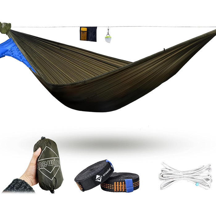 oneWind Long Ultra-Light Camping Hammock for Backpackers, Portable, Compact, Ideal for Hiking, Camping, Travel (Dark Green Double-Layer, 366cm * 140cm)