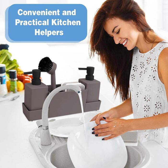CAUTIOUS 350ML Sink Organizer with Brush, Soap Dispenser Sponge, Kitchen Dish Soap Dispenser Set Made of Plastic, Sink Organizer with Two Soap Dispensers, Kitchen Gadget Organizer (brown)