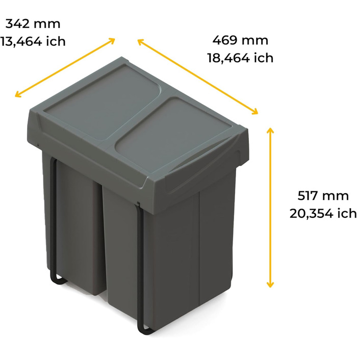 Відро для сміття на кухню Emuca з нижнім кріпленням, 2 висувні контейнери по 20 л, загальний об'єм 40 л (2 x 20 л), сталь та пластик, сірий (антрацитовий сірий).