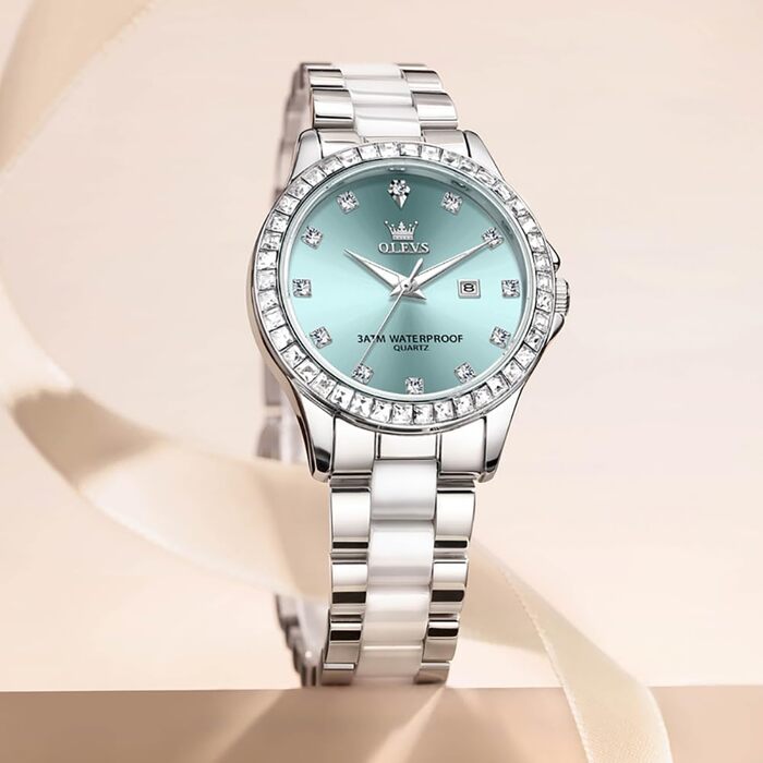 Годинник жіночий OLEVS з діамантами, елегантний, люкс, на зап'ястя, кварцовий, рожеве золото, скло керамічне (3651 Silver Blau)