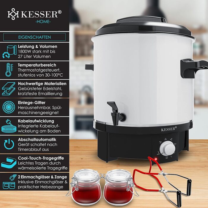 KESSER Canning Machine 27 Liter, Stainless Steel | 1800 Watt | Temperature range 30-100°C | Continuous operation | Automatic shut-off Canning machine, hot beverage machine, mulled wine pot with tongs & 2 glasses