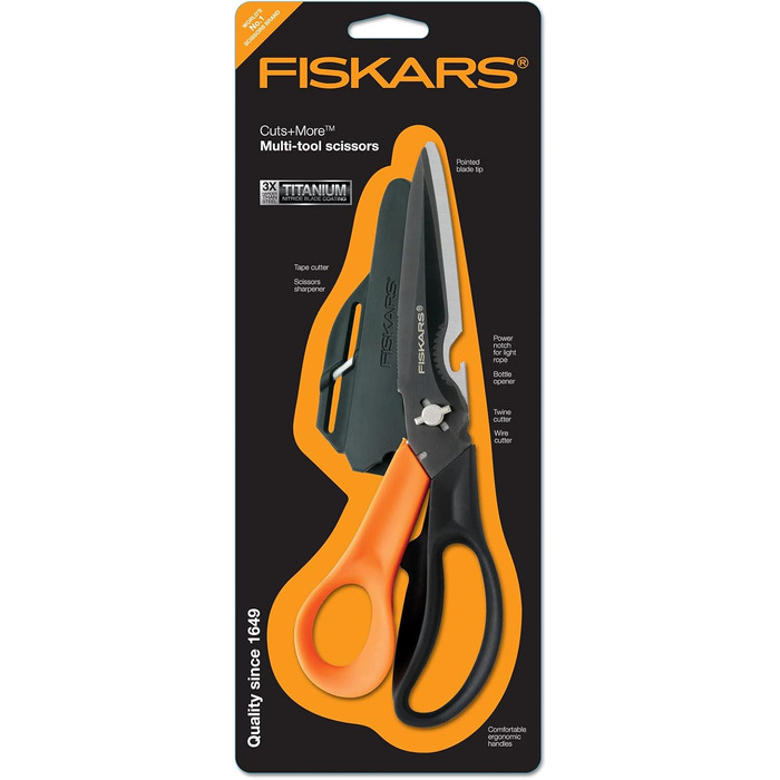 Універсальні ножиці Fiskars Cuts + More з титановим покриттям та заточувачем, розбірні леза, 23 см, чорно-помаранчеві, 1000809