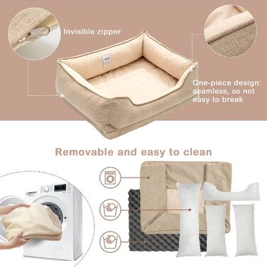 Ортопедичне ліжко для собак та котів, миється, для середніх та маленьких собак, знімний кошик, пухнастий, стійкий до укусів (75 x 62 x 25 см, кольоро персика)