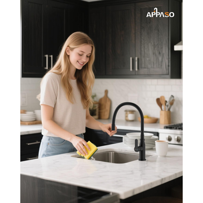 Кран кухонний APPASO 3-х ходовий чорний, 3 в 1 з фільтром, 360° поворотний, 2 ручки, нержавіюча сталь, низький тиск