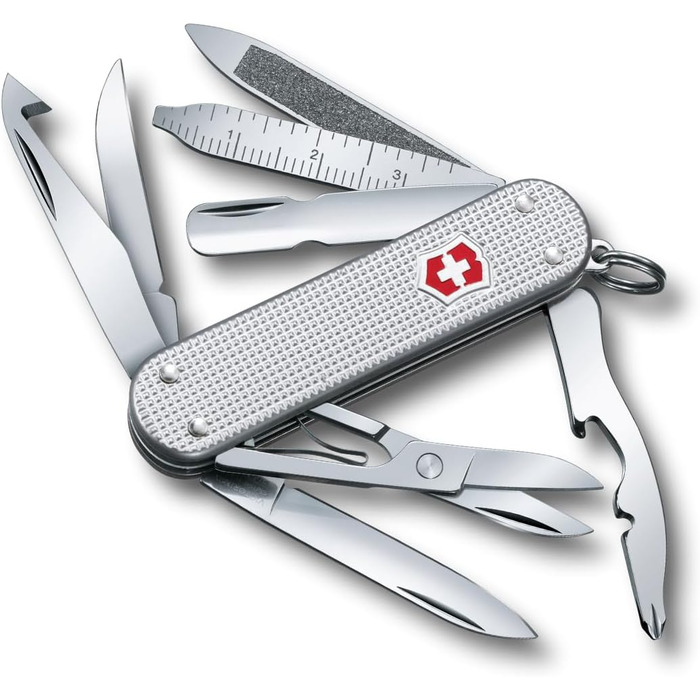 Швейцарський ніж Victorinox Mini Champ Alox: багатофункціональний інструмент, 15 функцій, Swiss Made, з відкривачем листів, відкривачем пляшок, інструментом для зачистки дротів, сріблястого кольору