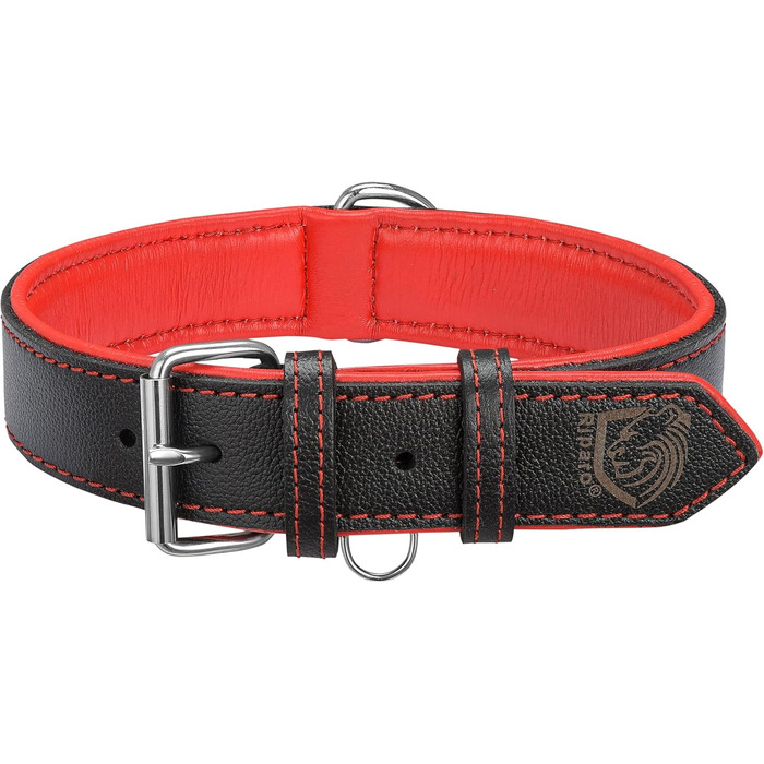 Нашийник для собак Riparo з натуральної шкіри, регульований, посилений (L, 3,8 см, чорно-червоний), чорно-червоний