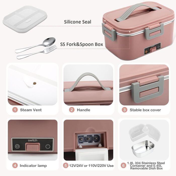 BYbrutek Electric Lunch Box 100W, 3-in-1 Portable Heated Lunch Box, 1.8L Stainless Steel Removable Food Container, 12V/24V/220V Insulated Food Warmer Box for Car/Truck/Office (Pink, 1.8 L)