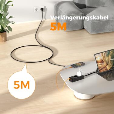 TESSAN Розподільник розеток USB-C 30W з GaN, 2 розетки, кабель 2м, захист від перенапруги 3600W, для офісу (5м, чорний)