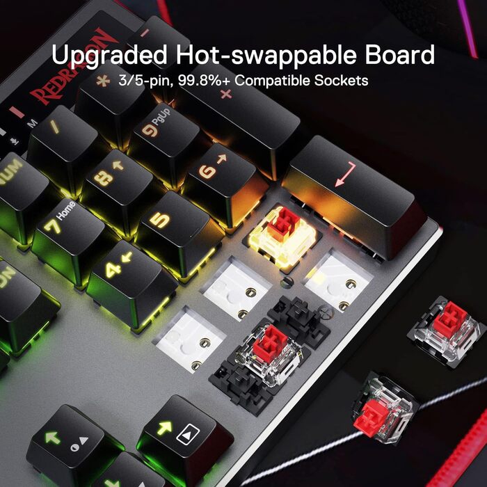 Redragon K660 RGB-ігрова клавіатура: 87 клавіш, TKL, механічна, з провідним підключенням, алюмінієва база, тихі червоні перемикачі