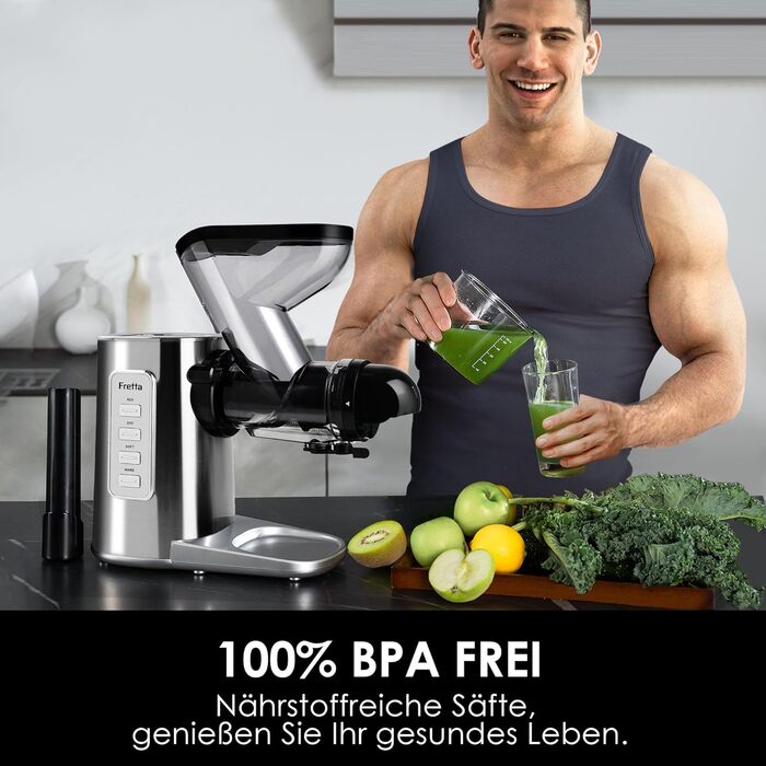 Електричний соковитискач Fretta Slow Juicer з нержавіючої сталі, 200W, Cold Press, велика завантажувальна горловина 76 мм, висока сафровидача, легке очищення, без BPA