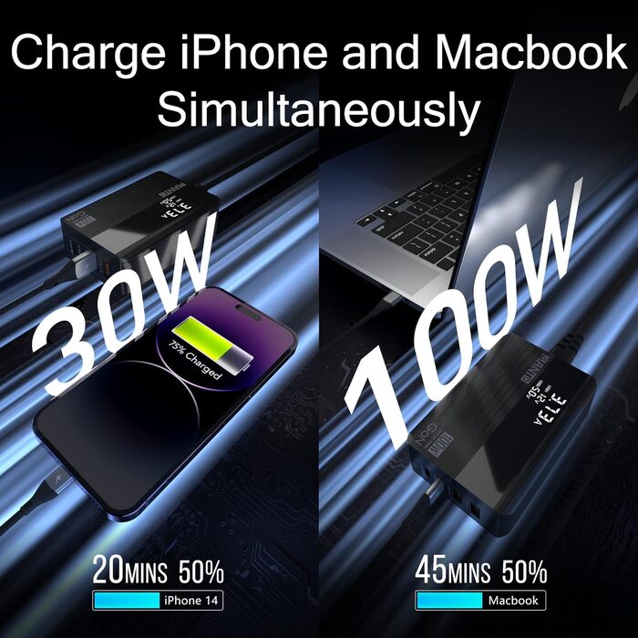 Зарядний пристрій MANTO 100W GaN USB-C з LED-дисплеєм, 4 порти (2x Type-C, 2x Type-A), PD 3.0, QC 3.0, для MacBook, iPhone, iPad, Samsung, ноутбуків