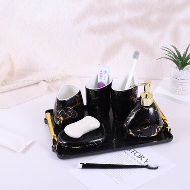 Black bathroom accessory set, gold marble look, modern 6-piece bathroom accessory set, complete with soap dispenser, toothbrush holder, cup, tray, countertop.