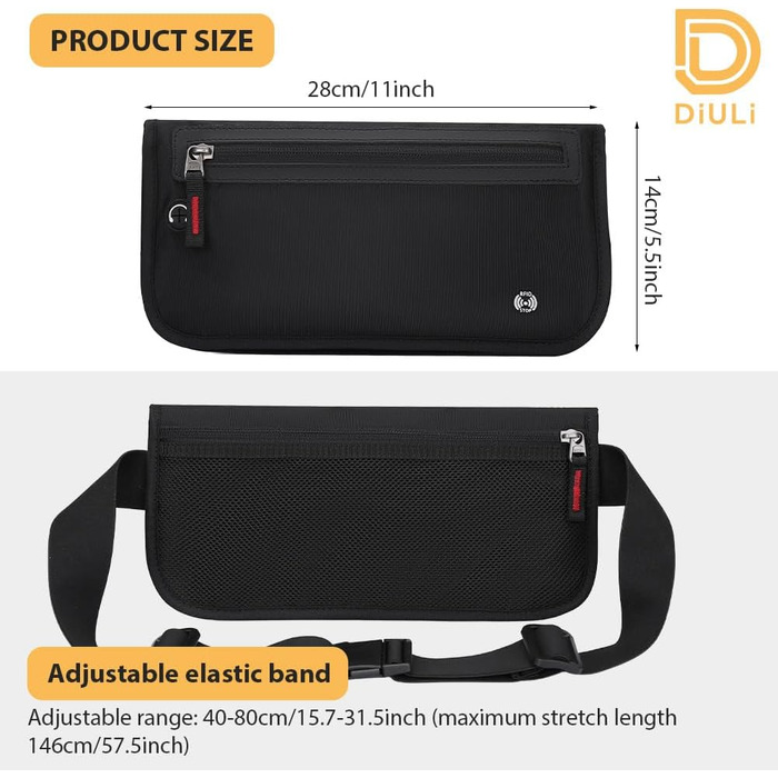 Чоловіча/жіноча поясна сумка DiULi, чорна, з RFID захистом, для подорожей, спорту та активного відпочинку