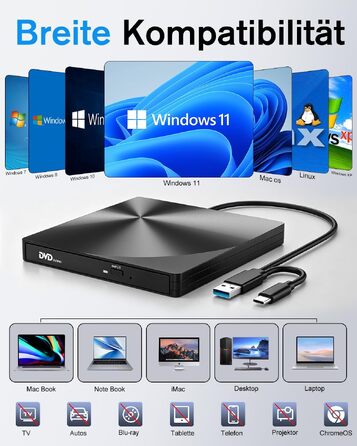 Зовнішній USB 3.0 та USB-C CD/DVD привід varkda для ноутбука та ПК, портативний DVD-плеєр та записник (RW/ROM), сумісний з Windows, macOS, Linux, чорний
