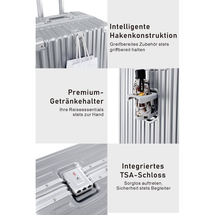 Валіза Aoliwei середнього розміру (M) 67 см, жорстка оболонка з полікарбонату, 65 л, з TSA-замком та підстаканником, біла