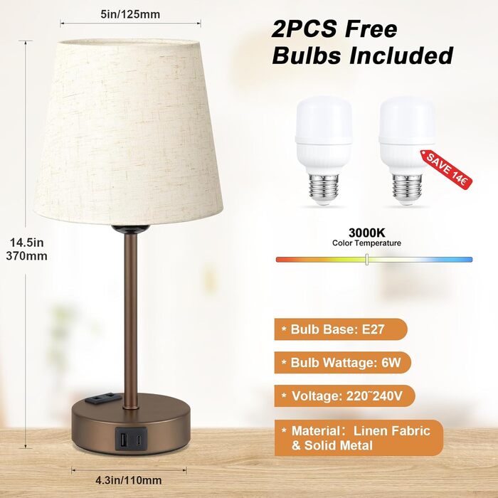 Настільна лампа Kakanuo з торшером, 2 шт., з USB-портами та диммуванням, для спальні, вітальні, дитячої кімнати, офісу