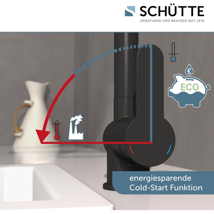 Кухонний змішувач SCHÜTTE LONDON з висувною лійкою, поворотний на 360°, з однорідним змішувачем, чорний, 29,8 см (для високого тиску)