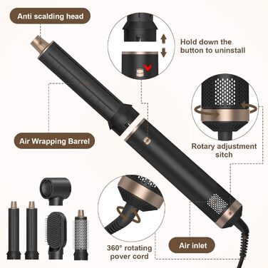 Професійний стайлер для волосся 5 в 1: фен, плойка, щипці, щітка для об'єму та випрямлення, іонний, для всіх типів волосся, чорний