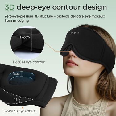 Сплющена маска для сну Musicozy з навушниками, бамбукова тканина, Bluetooth v5.4, 3D дизайн, для тих, хто спить на боці, з мікрофоном, чорна