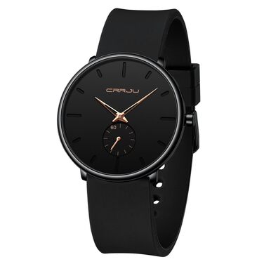 Годинник чоловічий CRRJU з силіконовим ремінцем, ультратонкий, водостійкий, мінімалістичний, спортивний, кварцовий (чорний рожевий, чорний)