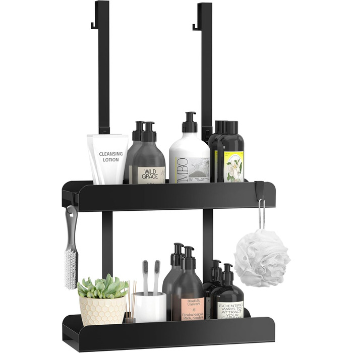 Настінна поличка для душу без свердління, чорна, з 4 гачками. Органайзер для шампуню та інших аксесуарів у ванну кімнату та кухню. Підходить для безрамкових скляних дверей.