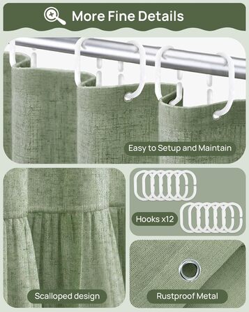 Штора для душу 180x180 см льон, зелена - водонепроникна, з антигрибковим покриттям, з утяжеленим краєм, з кільцями (1 шт)