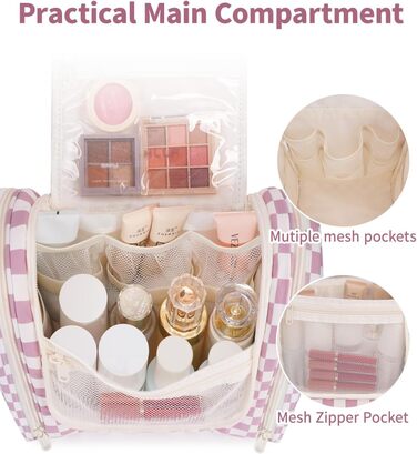 Сумка для косметики жіноча та чоловіча на блискавці, підвісна, водонепроникна (блакитний лист, сітка рожева)