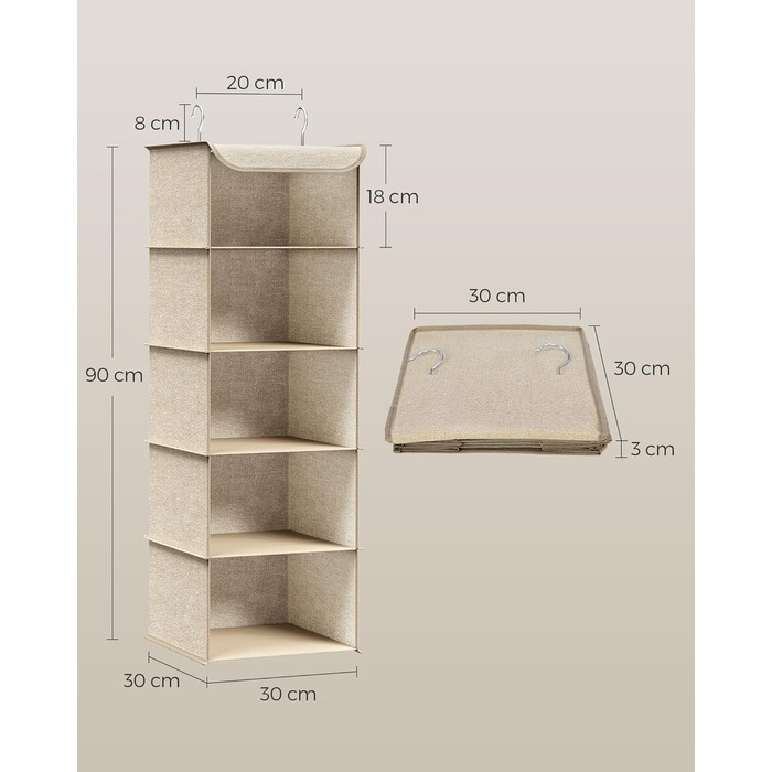 Органайзер для шафи SONGMICS, Hängeorganizer, складний, з металевими гачками та бамбуковими вставками, бежевий, 2 шт.