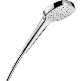 hansgrohe Croma Select E - water-saving showerhead 9 l/min (EcoSmart), hand shower with 3 spray patterns, square shower head (110 x 110 mm), showerhead with water-saving function and anti-limescale feature, White/Chrome (1 spray pattern)
