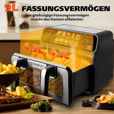Аерофритюрниця з двома камерами 9L 2000W, мультипіч з холодними ручками, чорна (802t)
