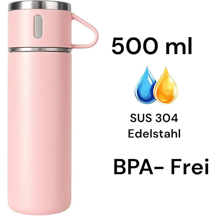 Термофляга 500 мл з нержавіючої сталі – 2 чашки з ручкою – без витоку, BPA-free – з щіткою для чищення – рожева