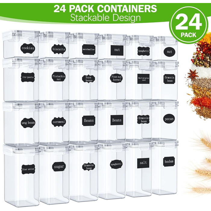 Набір контейнерів для зберігання продуктів – 24 шт. з герметичними кришками, BPA-free, для кухні. Підходять для борошна, цукру, круп та випічки, об'єм 33.6л