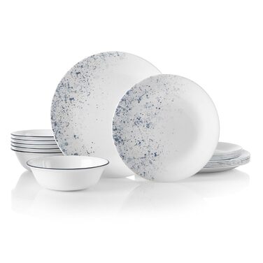 Corelle набір посуду 18 предметів, Indigo Speckle, блакитно-білий, на 6 осіб. Стійкий до сколів, включає великі тарілки 26 см, салатові/сімейні тарілки 17 см та супові/кашові миски 530 мл