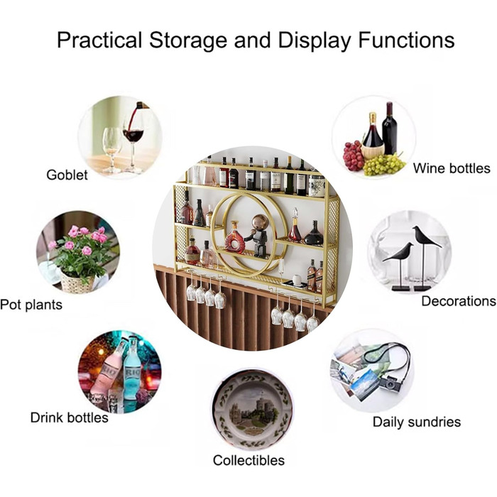 Настінна вітрина для вина з металу, 140 см, з утримувачем для келихів та LED-підсвічуванням, для бару, вітальні, кухні, чорний/золотий