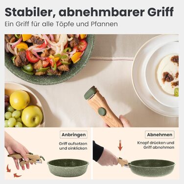 Набір посуду Dishdelight з антипригарним гранітним покриттям та знімними ручками, індукційні каструлі та сковороди з кришками, зелений колір