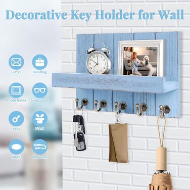 Дерев'яне ключниця з поличкою, 5 гачків, для прихожої, спальні, вітальні (Блакитний)