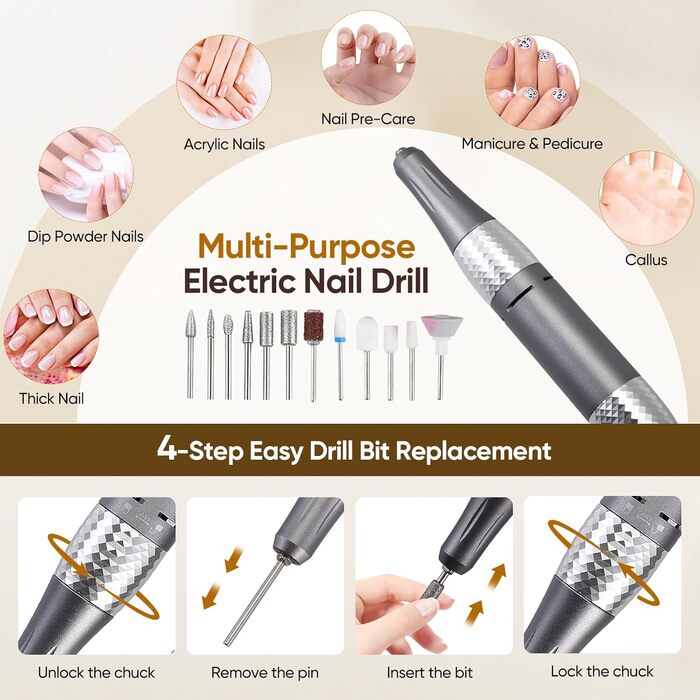 Електрична машинка для манікюру та педикюру з LCD-дисплеєм, 45000 об/хв, 56 шліфувальних стрічок, 11 свердл, USB-станція зарядки